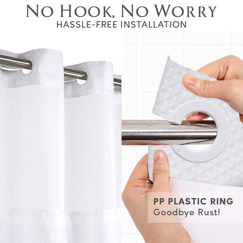 COMFECTO No Hook Shower Curtains Set with Snap in Liner, Light Filtering See Through Top, Hotel-Style Water Repellent, Machine Washable, 71x74 inch, White - Image 2